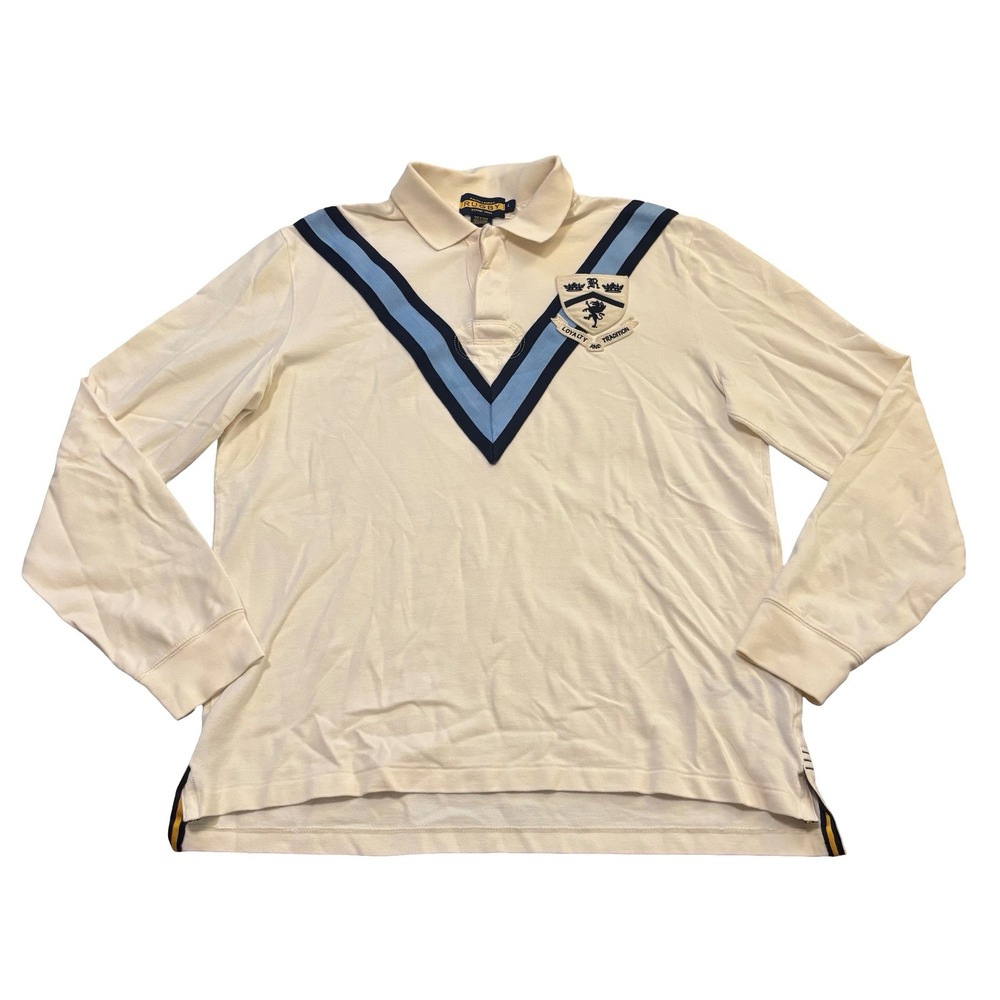 Ralph Lauren Rugby Mens Large Long Sleeve Polo Shirt Cream V-Stripe Crest Patch